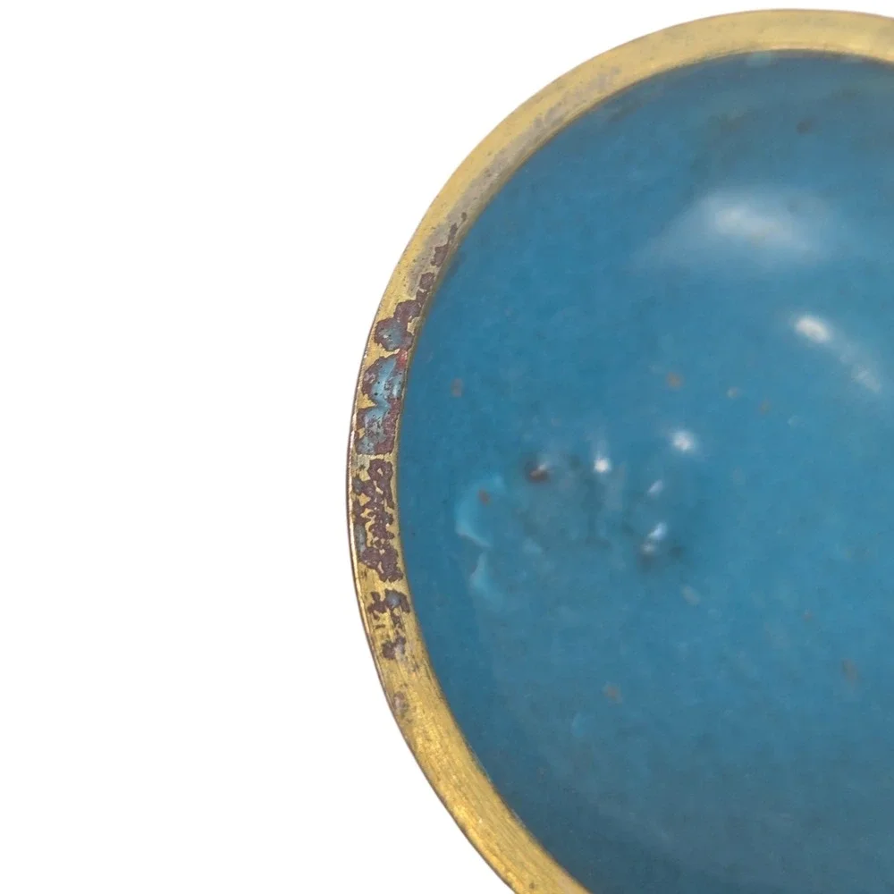 Vintage Asian Cloisonné Enamel Brass Round Lidded Trinket Box Blue Interior 2